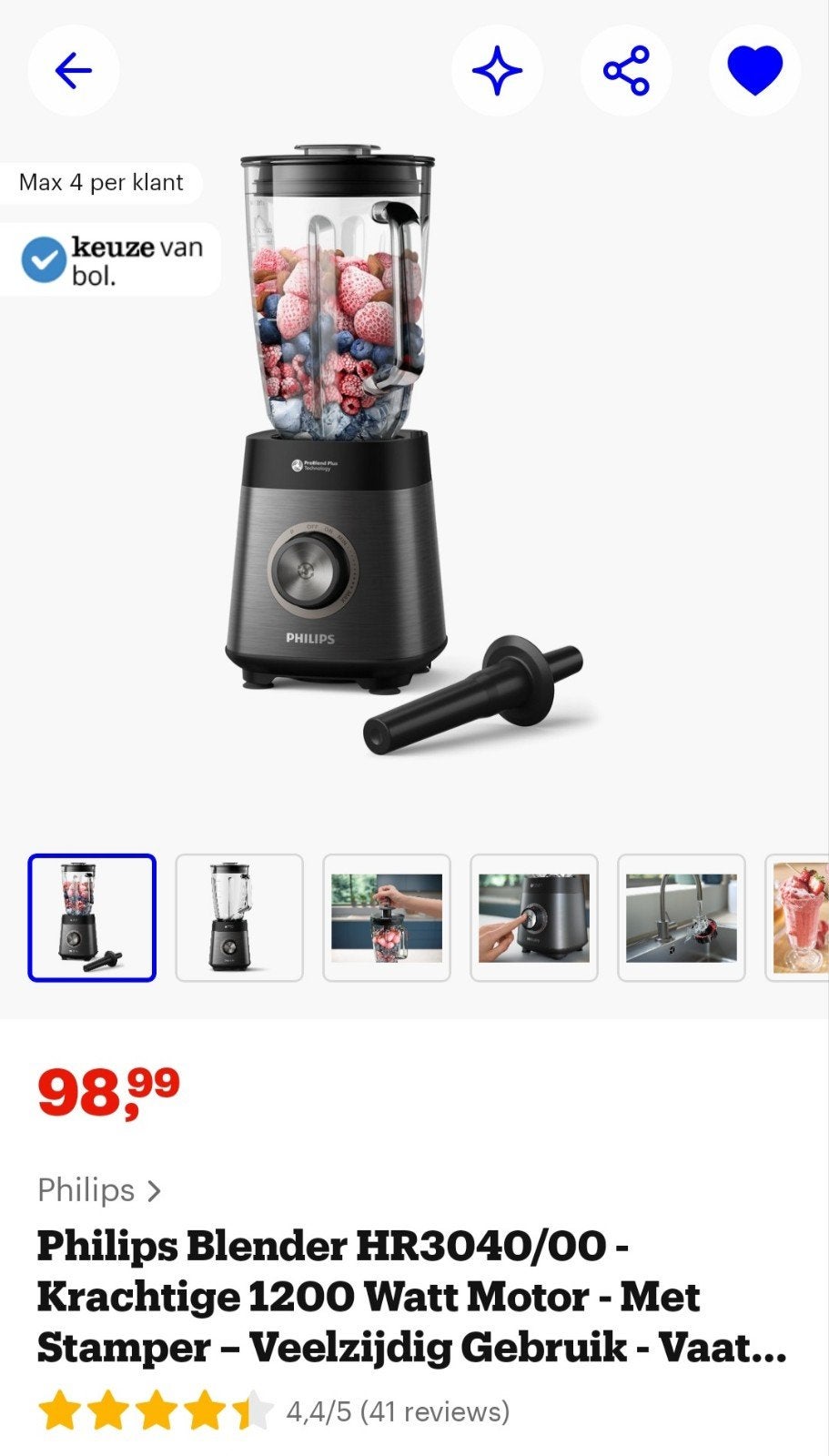 Philips Blender HR3040/00 1200W, Ophalen of Verzenden, Zo goed als nieuw, Blender