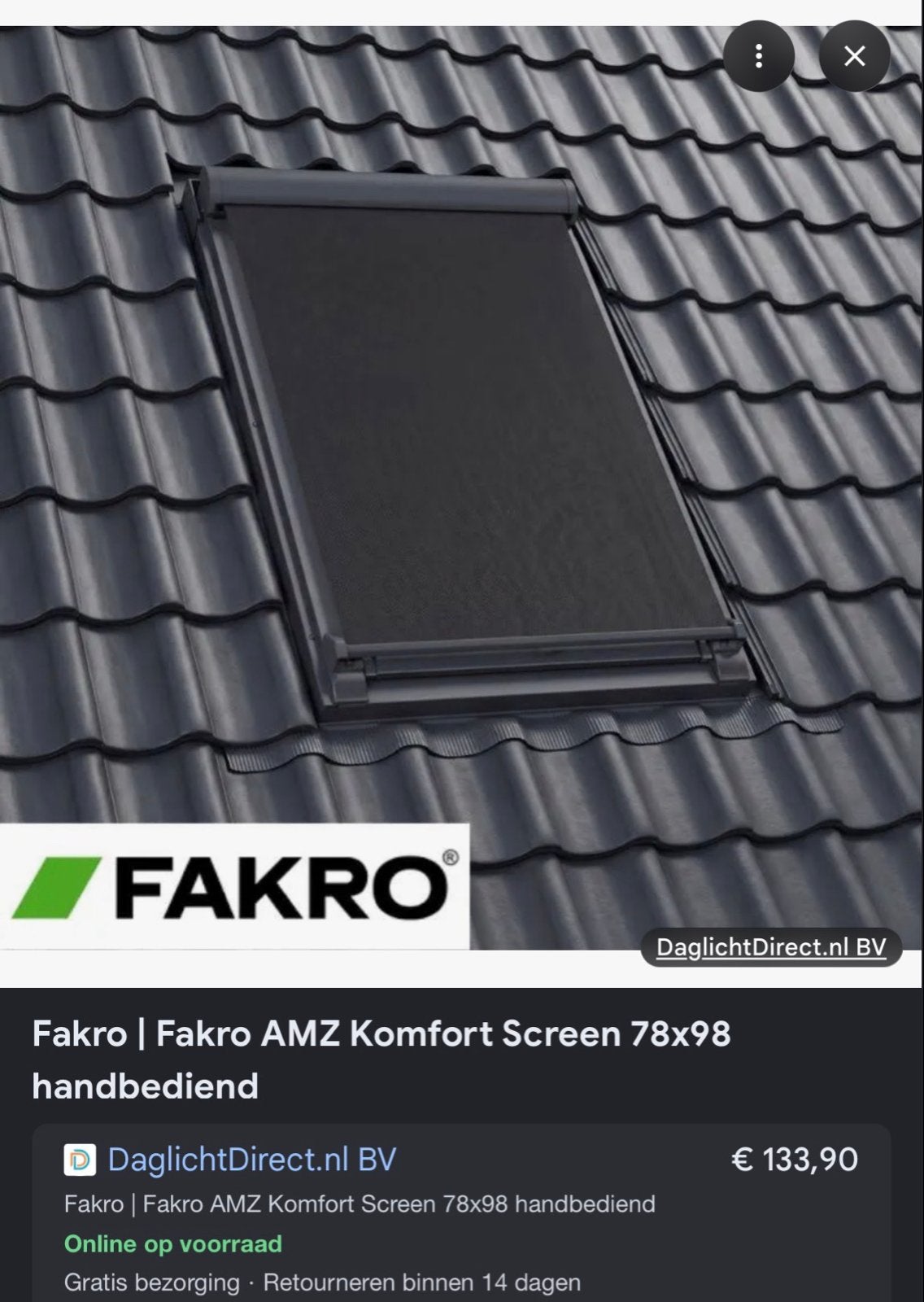 FAKRO AMZ Komfoort Screen 55x78 cm - Buitenzonwering, Ophalen of Verzenden, Nieuw, Dakraam, Minder dan 80 cm