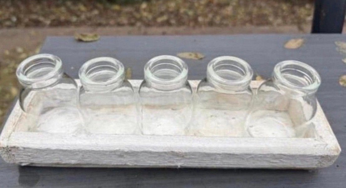 Decoratiesetje met vaasjes voor bloemetjes, Huis en Inrichting, Ophalen of Verzenden, Gebruikt, Wit, Hout