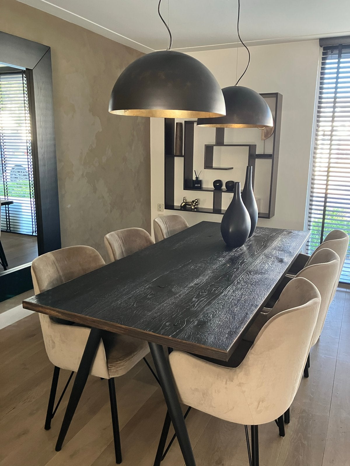 Robuuste zwart eiken eethoek met 6 comfortabele stoelen, Huis en Inrichting, Ophalen, Eikenhout, 50 tot 100 cm, Zo goed als nieuw