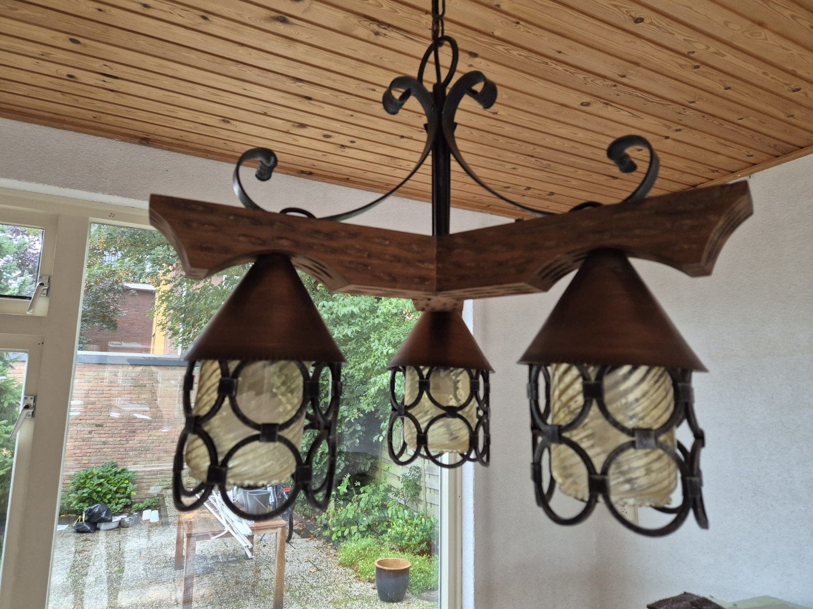 2 smeedijzeren lampen, Ophalen, Gebruikt, Hout, E27 (groot)