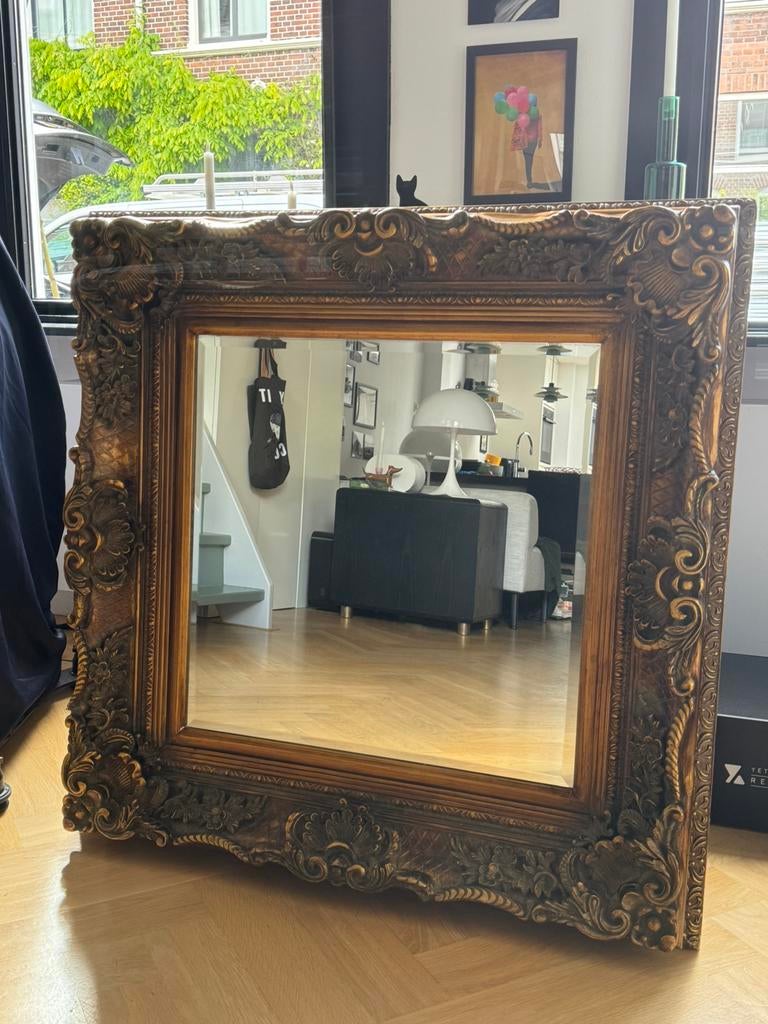 Grote massief houten barok spiegel zware handbewerkte lijst, Antiek en Kunst, Ophalen, Vierkant, 50 tot 100 cm, Minder dan 100 cm