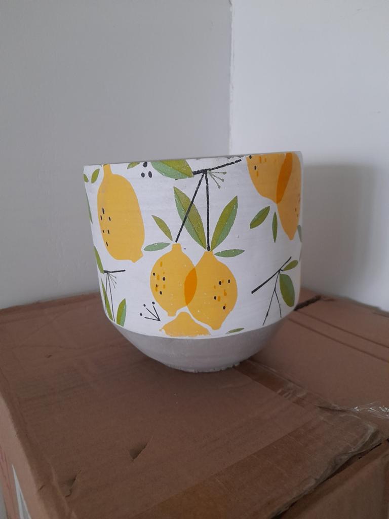 Bloempot met Citroenprint - Cement, 17x17cm, Tuin en Terras, Bloempotten, Rond, Nieuw, Ophalen of Verzenden, Balkon