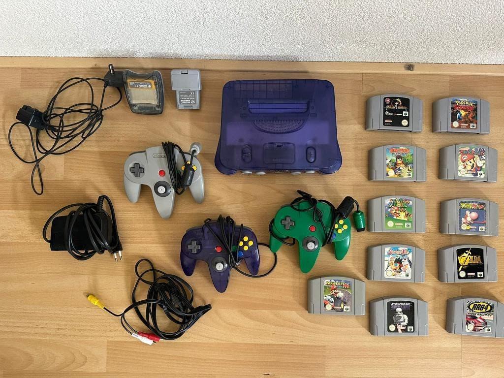 Nintendo 64 Atomic Purple, Mario Kart, Zelda, Snowboard Kids, Ophalen, Zo goed als nieuw, Met 3 controllers of meer, Met games