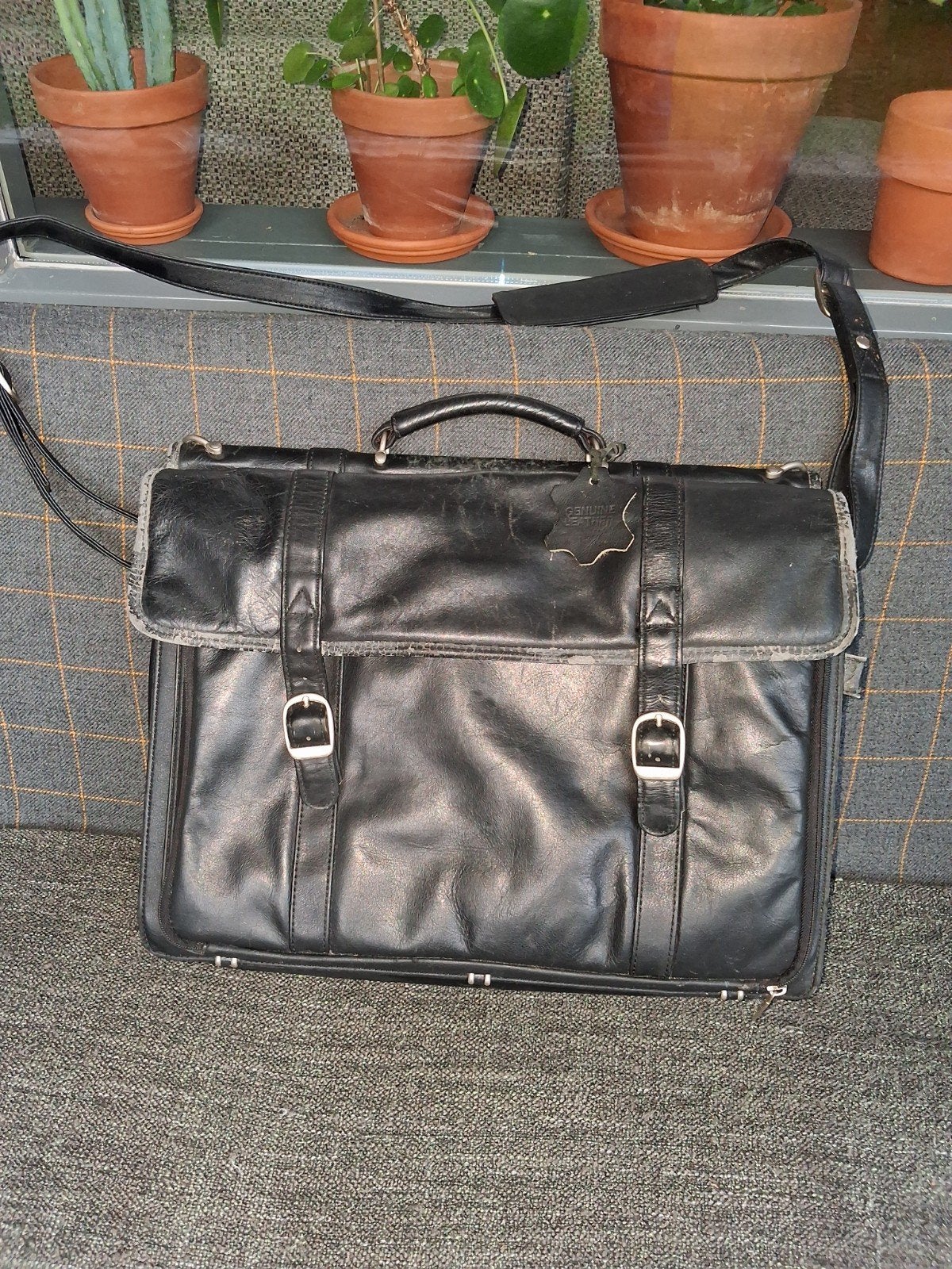 Klassieke zwarte leren aktetas, 40 tot 60 cm, Gebruikt, 20 tot 30 cm, Zwart
