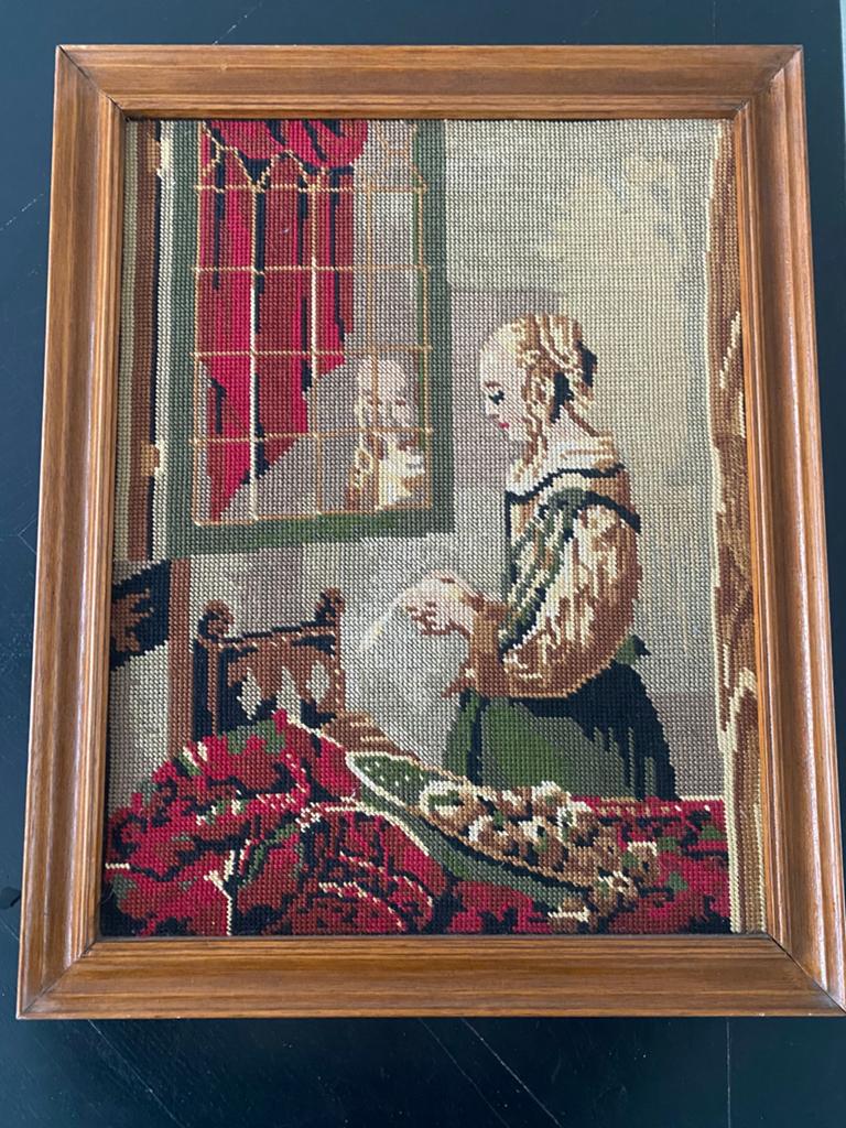 Vintage Geborduurd Schilderij: Brief Lezend Meisje, Ophalen of Verzenden, Gebruikt, Handborduren, Overige typen