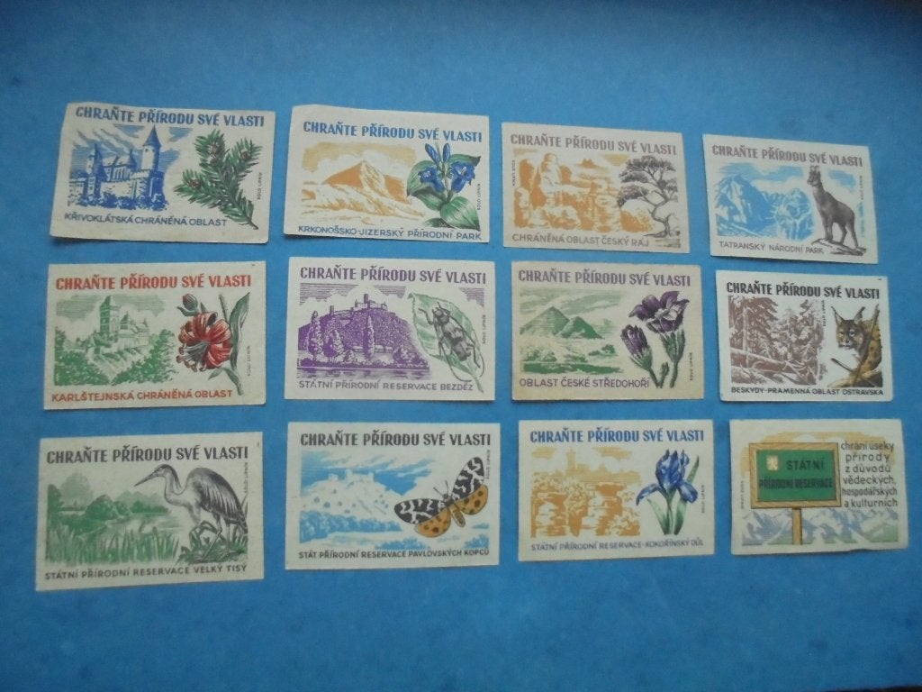 12 oude lucifer-etiketten, Natuur 1954 Tsjechoslowakije, Ophalen of Verzenden, Zo goed als nieuw, Luciferdoosjes of -merken