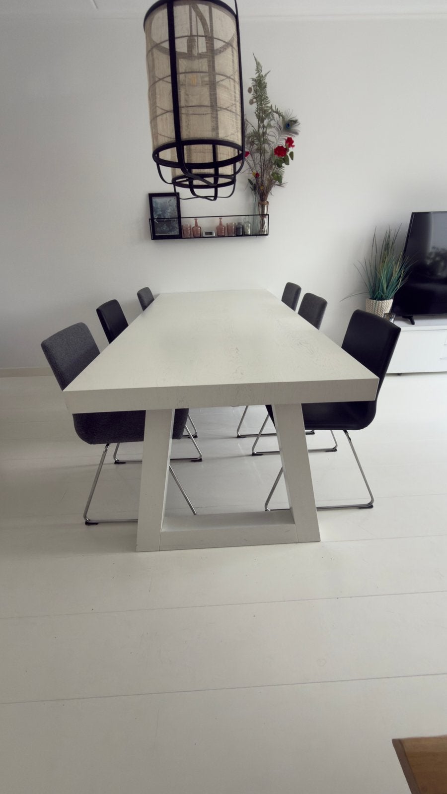 Mooie Witte Houten Eettafel met Lade – Zo Goed als Nieuw, Ophalen, 200 cm of meer, 50 tot 100 cm, Zo goed als nieuw