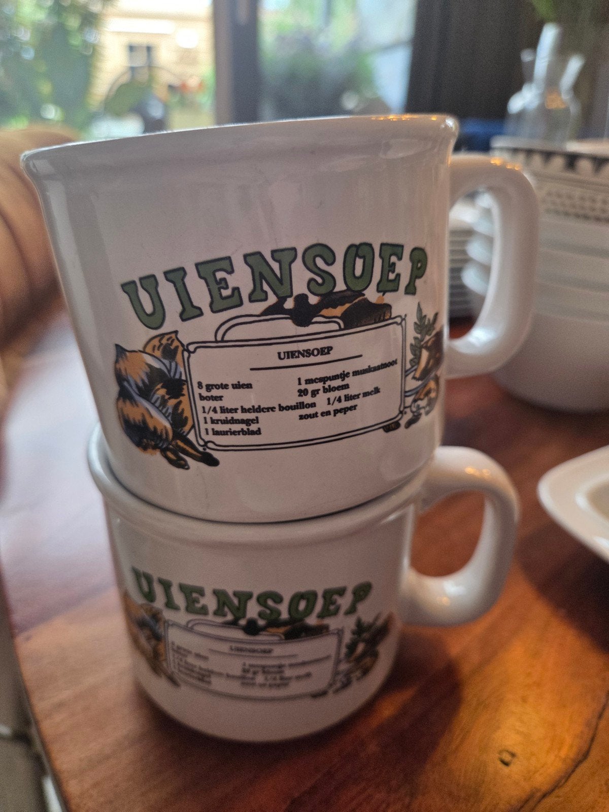 Vintage Uiensoep Mokken met Recept - Set van 2, Ophalen of Verzenden