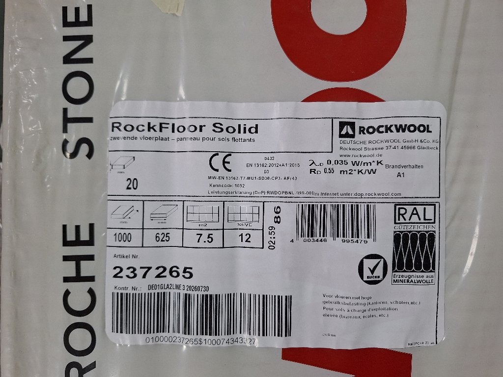 Rockwool rock floor solid 20mm isolatie, Nieuw, Steenwol, Minder dan 5 m², Ophalen