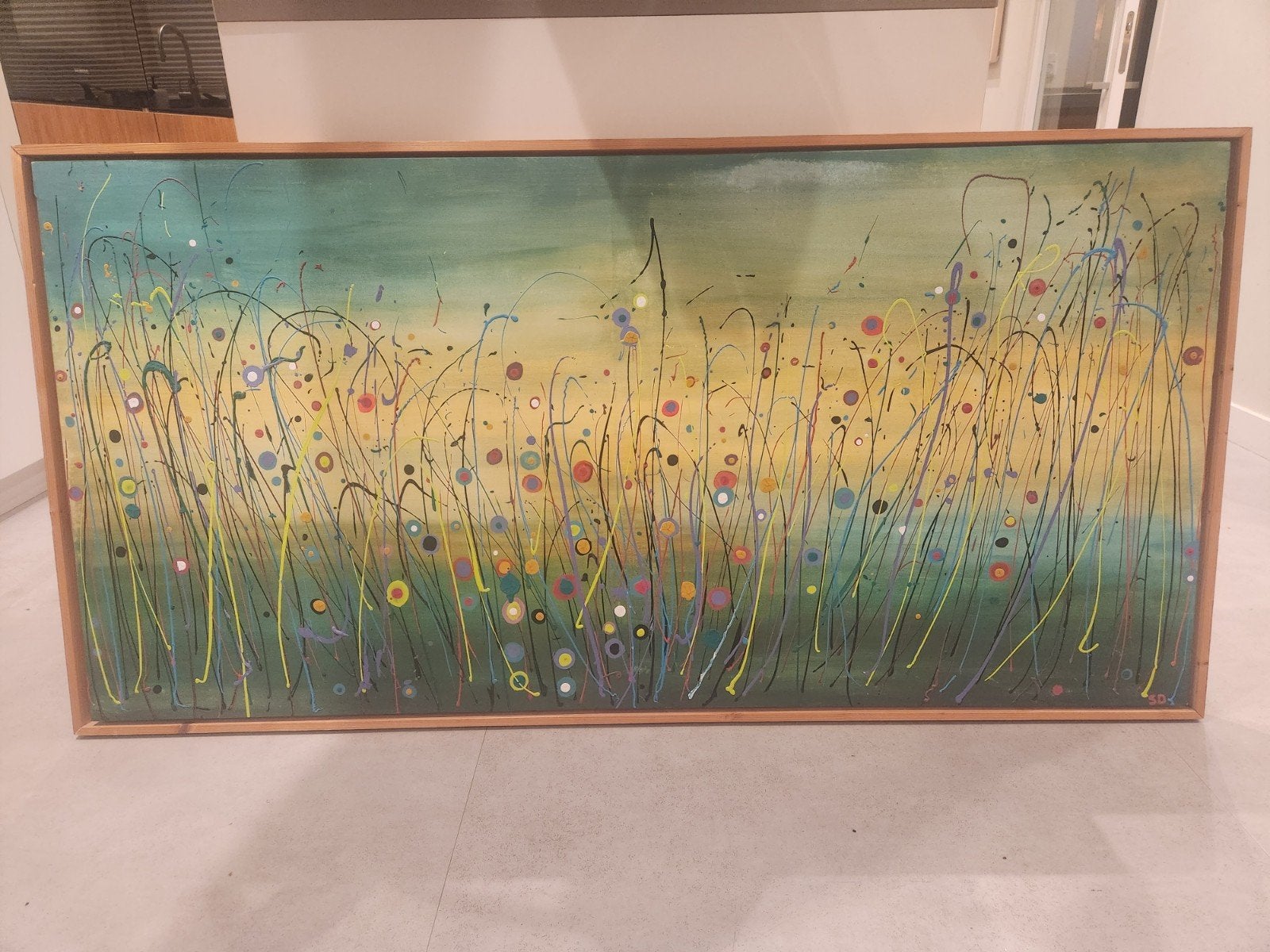 Abstract Schilderij met Levendige Spetters - 154x77cm, Ophalen, Abstract, Acrylverf, Hout