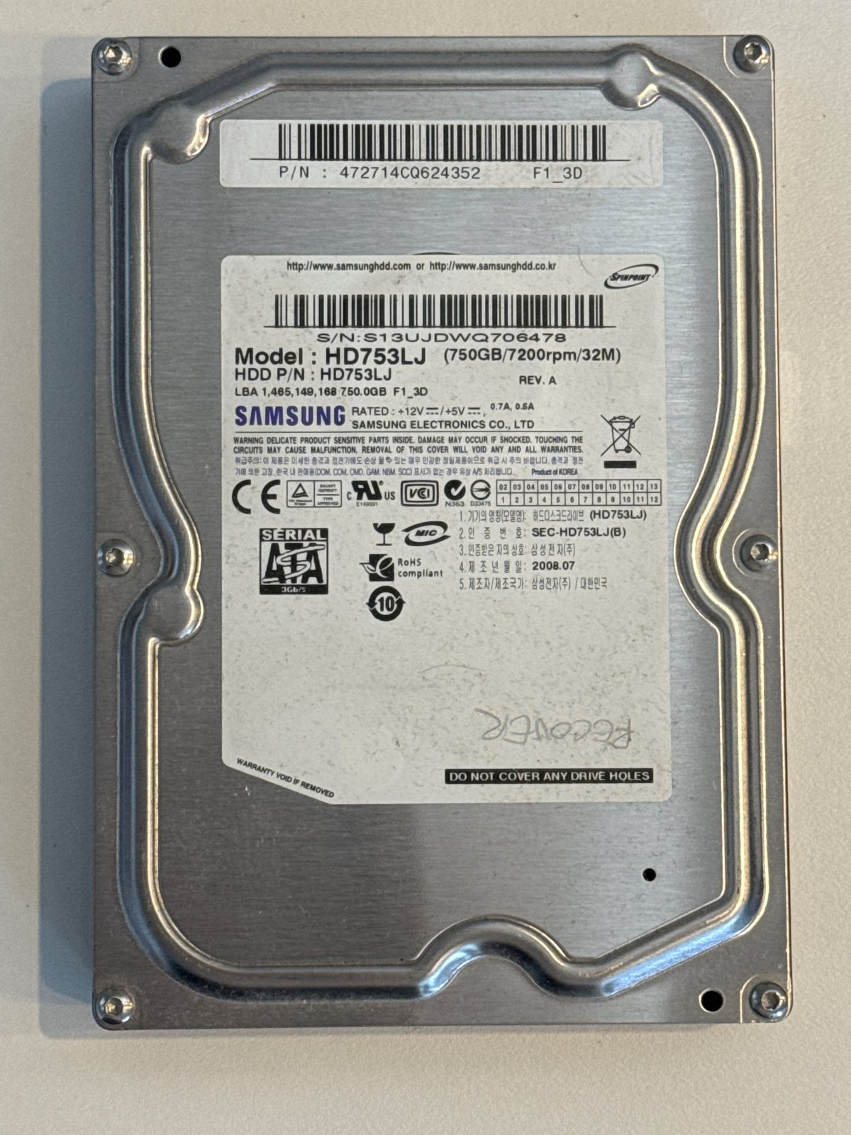 Samsung HDD 750GB SATA Harde Schijf (HD753LJ), Computers en Software, Harde schijven, Intern, Gebruikt, Server, Ophalen of Verzenden
