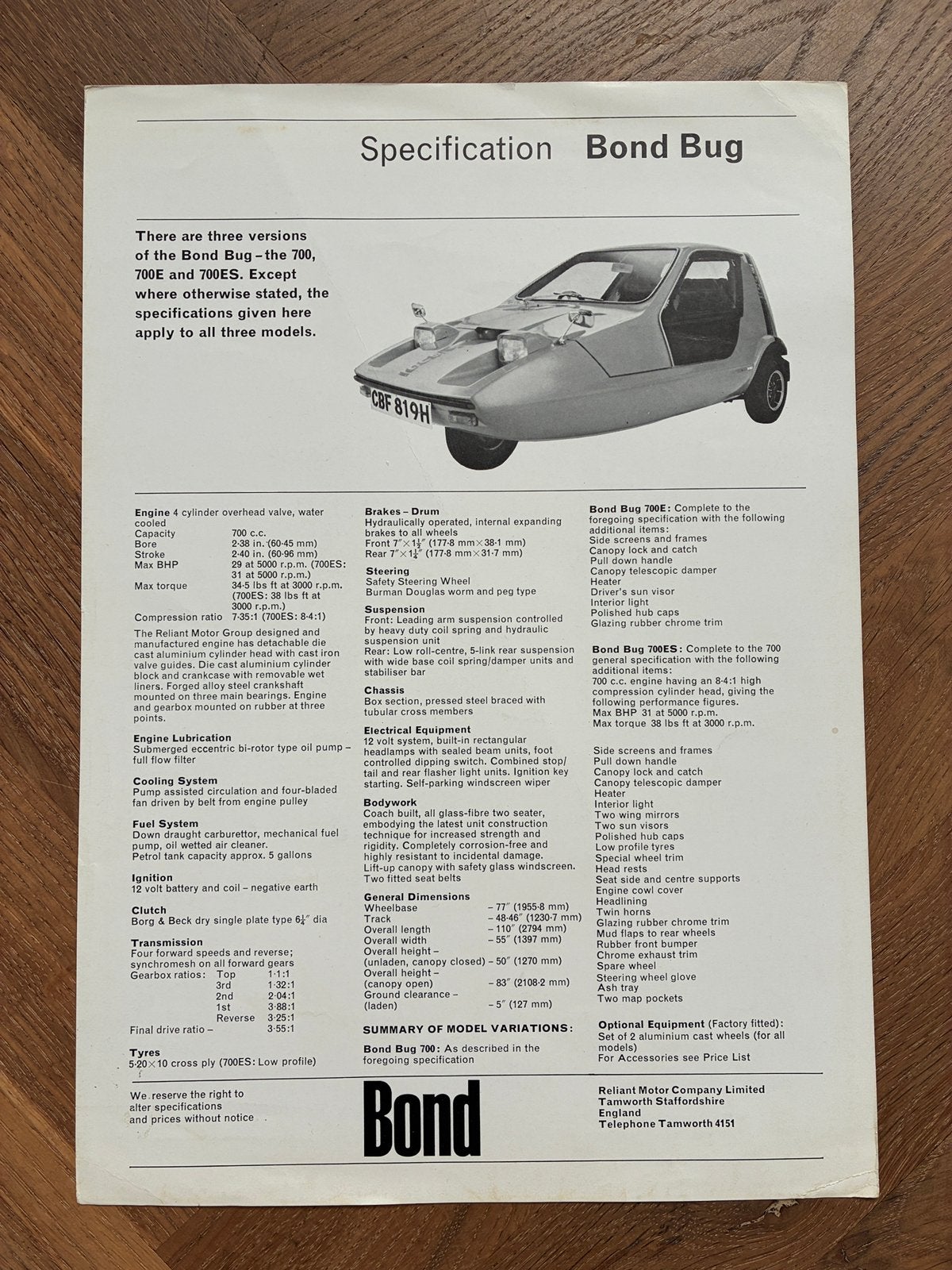 Bond Bug brochure sheet, Verzenden, Zo goed als nieuw, Overige merken