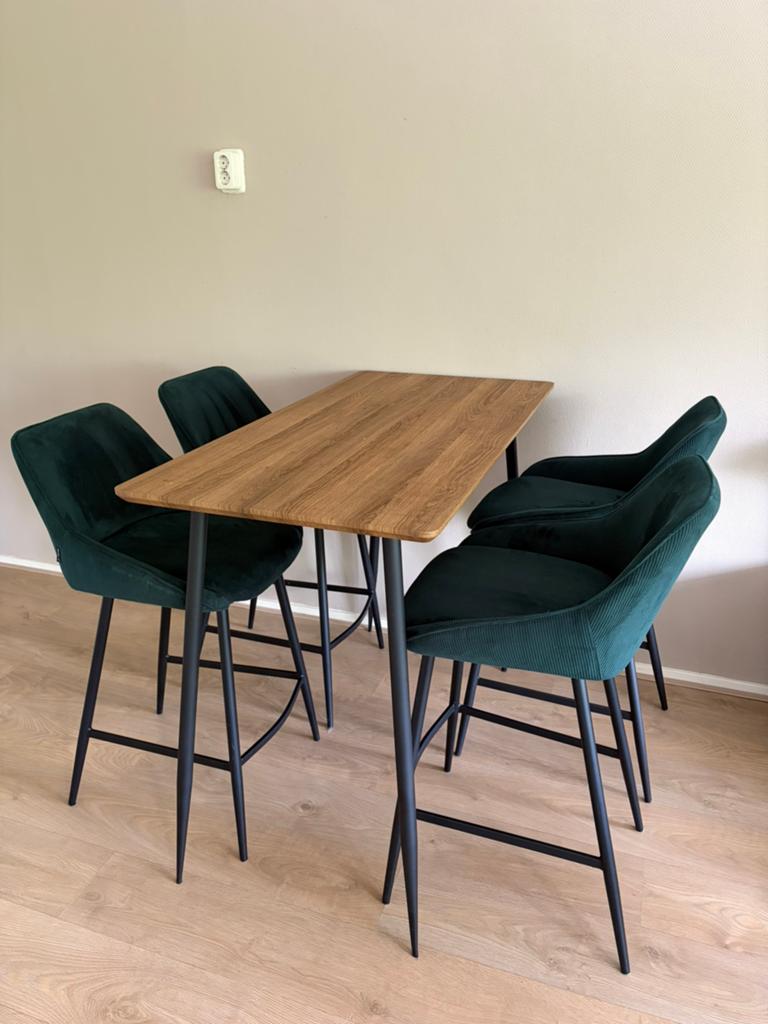 Bartafel + 4 barkrukken | Bronx71 stoelen | Groen velvet, 4 krukken, Ophalen, Zo goed als nieuw, 60 tot 90 cm