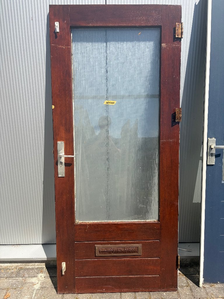 Hardhouten buitendeur bruin | glas + brievenbus | 88x201 cm, Ophalen, Gebruikt, 80 tot 100 cm, Buitendeur