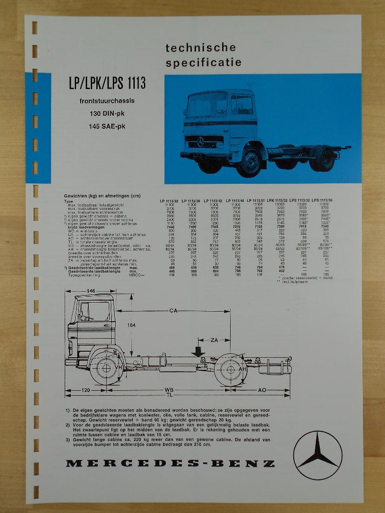Mercedes 1113 LP LPK LPS 1973 Specificatie Brochure LP1113, Boeken, Auto's | Folders en Tijdschriften, Zo goed als nieuw, Mercedes