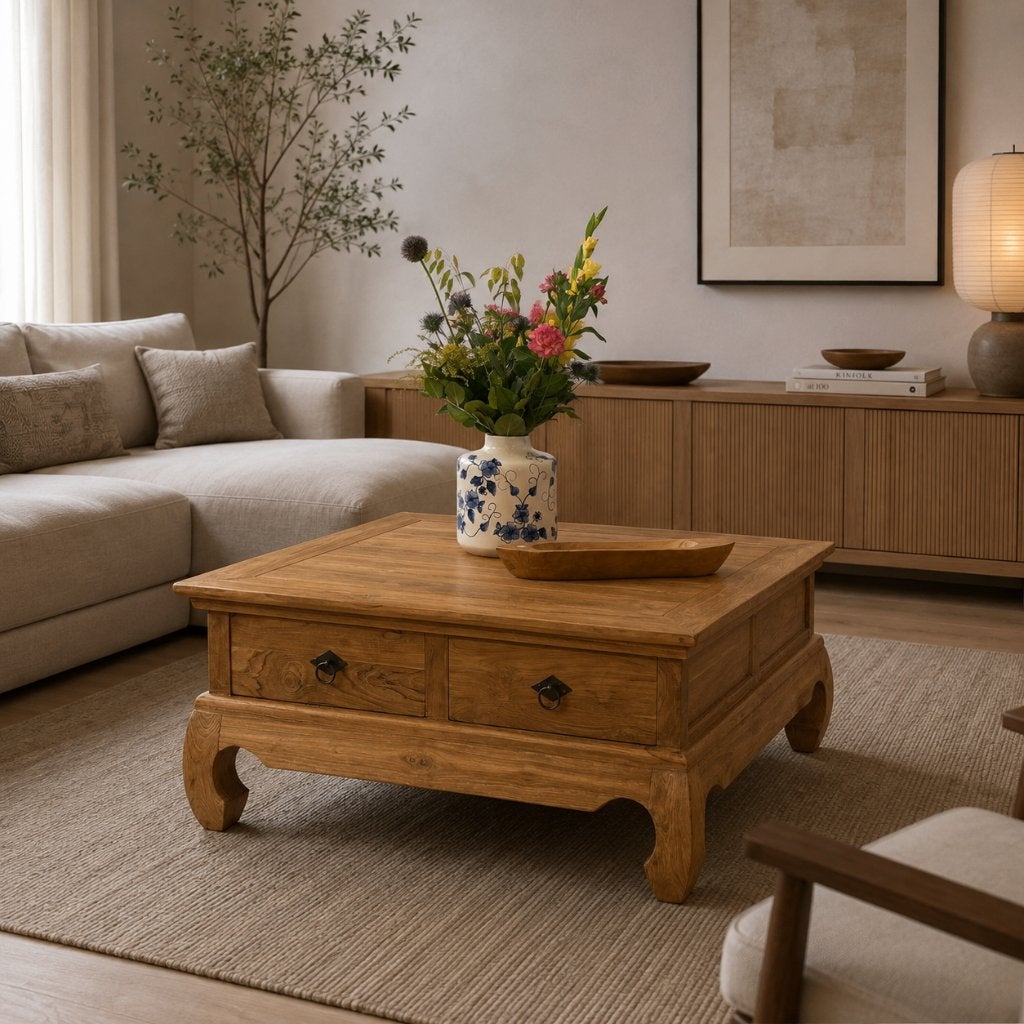 opium tafel - teak - 90 x 90 cm met 2 lades - Gratis bezorgd