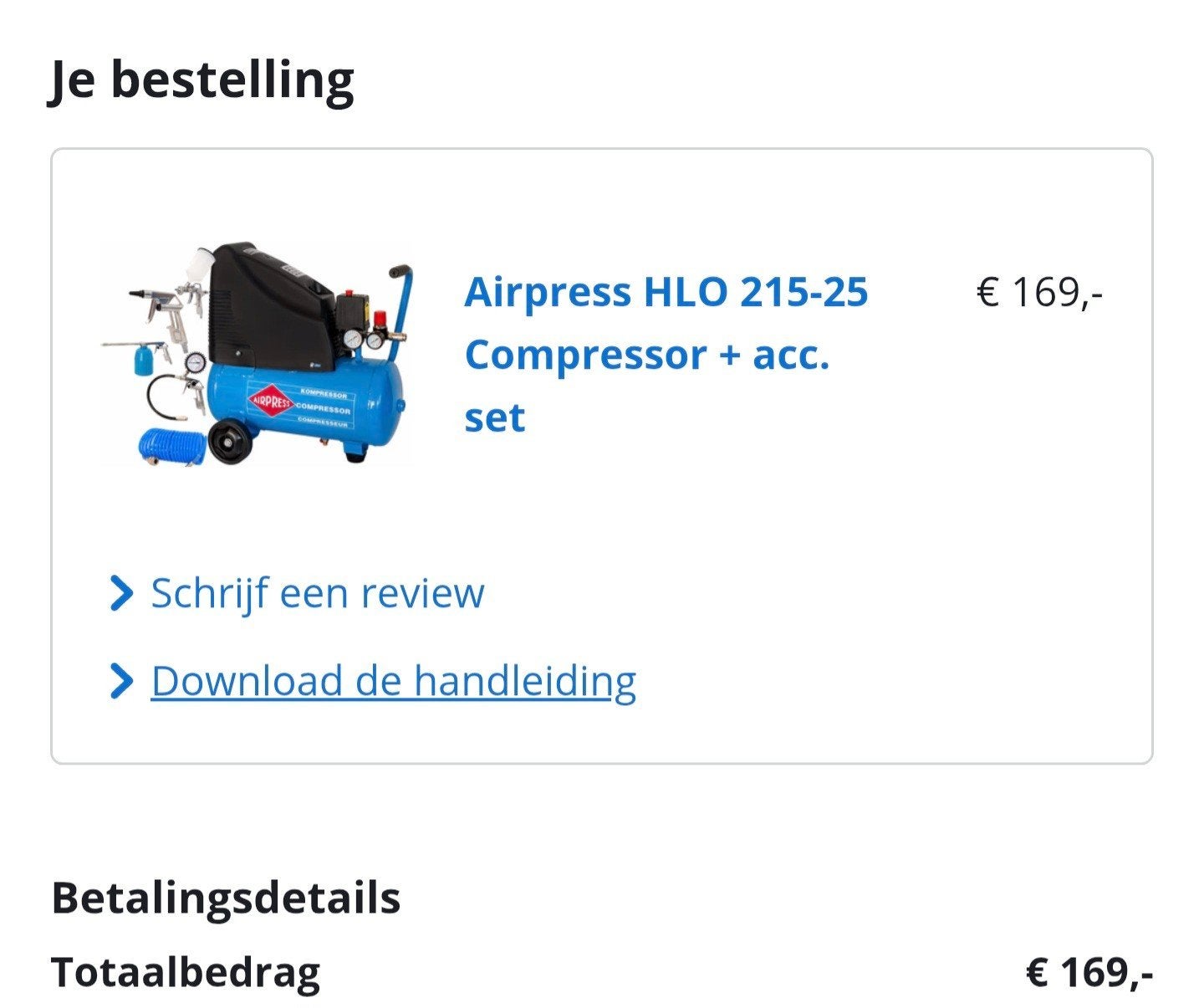 Airpress HLO 215-25 Compressor + acc. set, Ophalen, 6 tot 10 bar, Zo goed als nieuw, Minder dan 200 liter/min