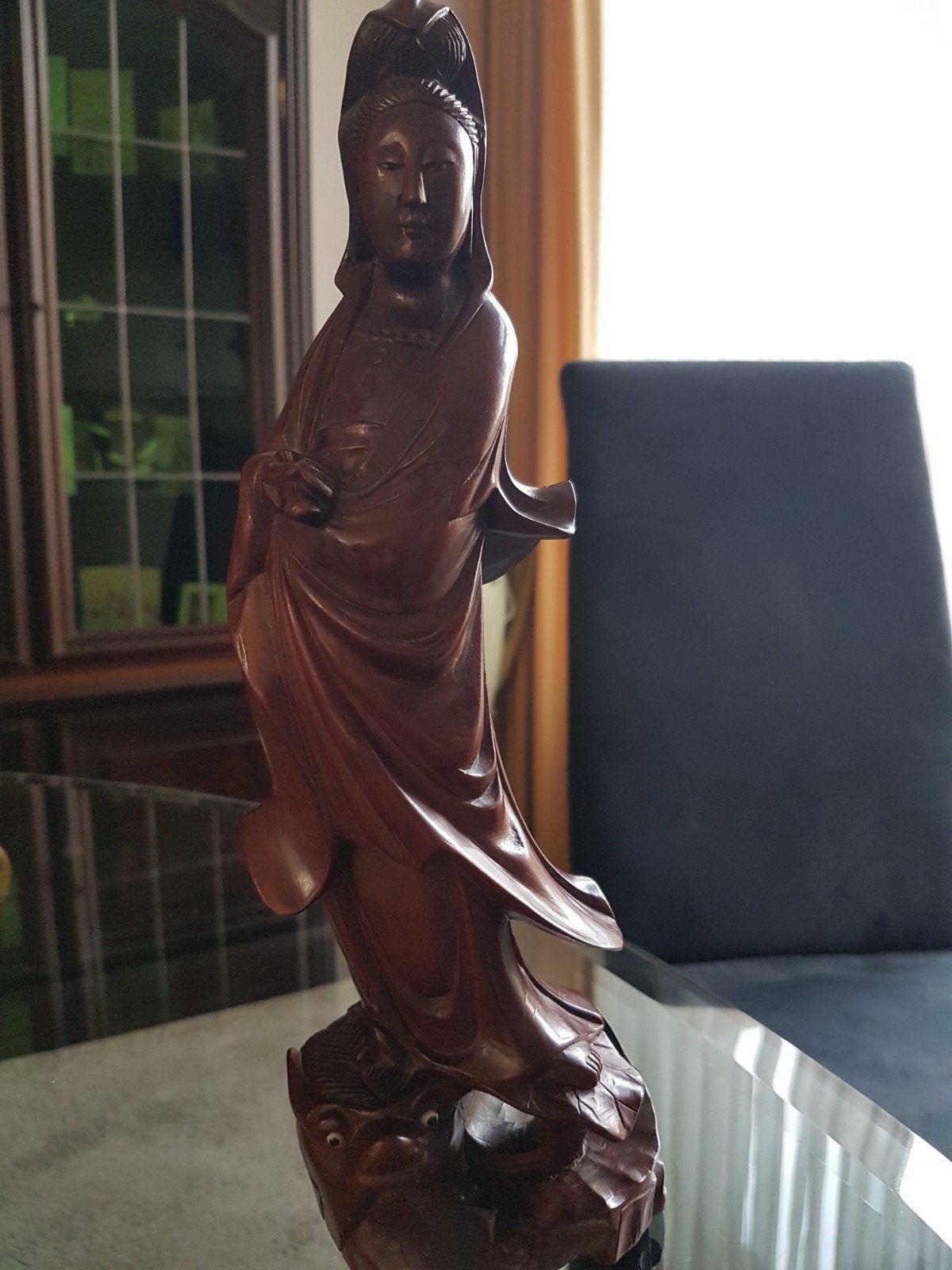Houten Beeld van Kuan Yin op Draak - Handgesneden, Antiek en Kunst, Kunst | Beelden en Houtsnijwerken, Ophalen of Verzenden, Handgemaakt