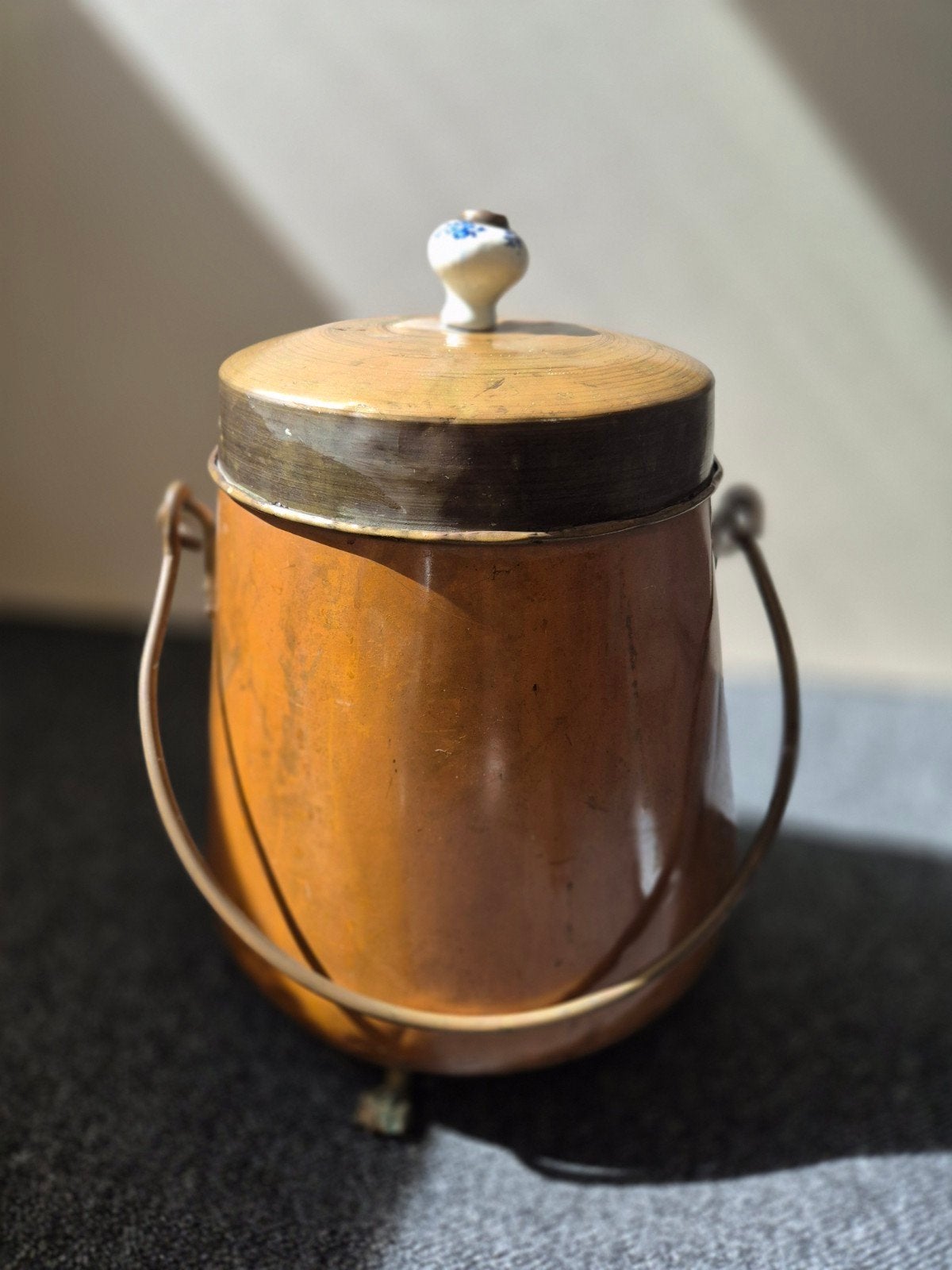 Vintage Koperen Pot met Deksel en Delftsblauwe Knop, 30 cm, Ophalen, Koper