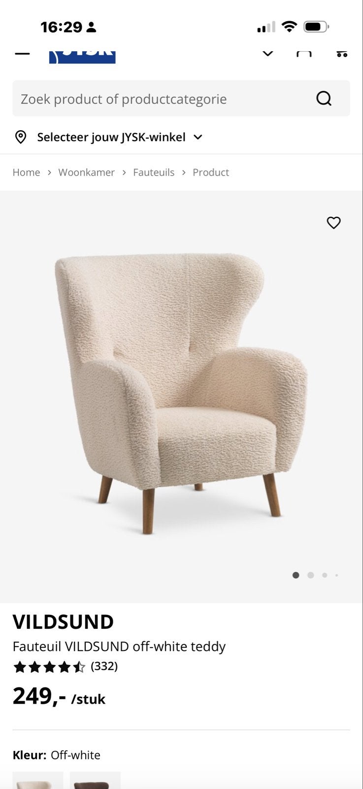 JYSK VILDSUND Fauteuil off-white teddy - Zo goed als nieuw, Huis en Inrichting, Ophalen of Verzenden, Zo goed als nieuw, Stof