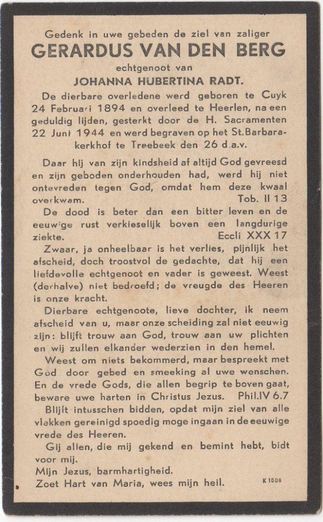 Gerardus van den Berg 1894 Cuyk + 1944 Heerlen, 50 jaar, Verzamelen, Bidprentjes en Rouwkaarten, Verzenden