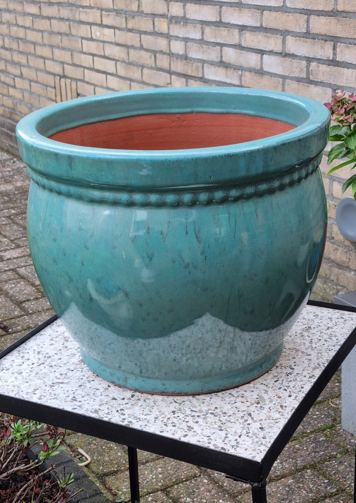 Mooie bolle bloempot 38 cm met kraalkraag, Ophalen, Rond, Tuin, Minder dan 40 cm