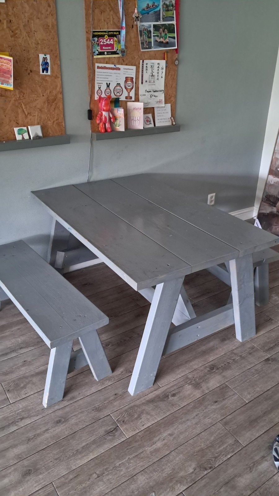 Stevige houten tafel met bankjes - Grijs, Ophalen, Gebruikt, 100 tot 150 cm, Rustiek, Robuust