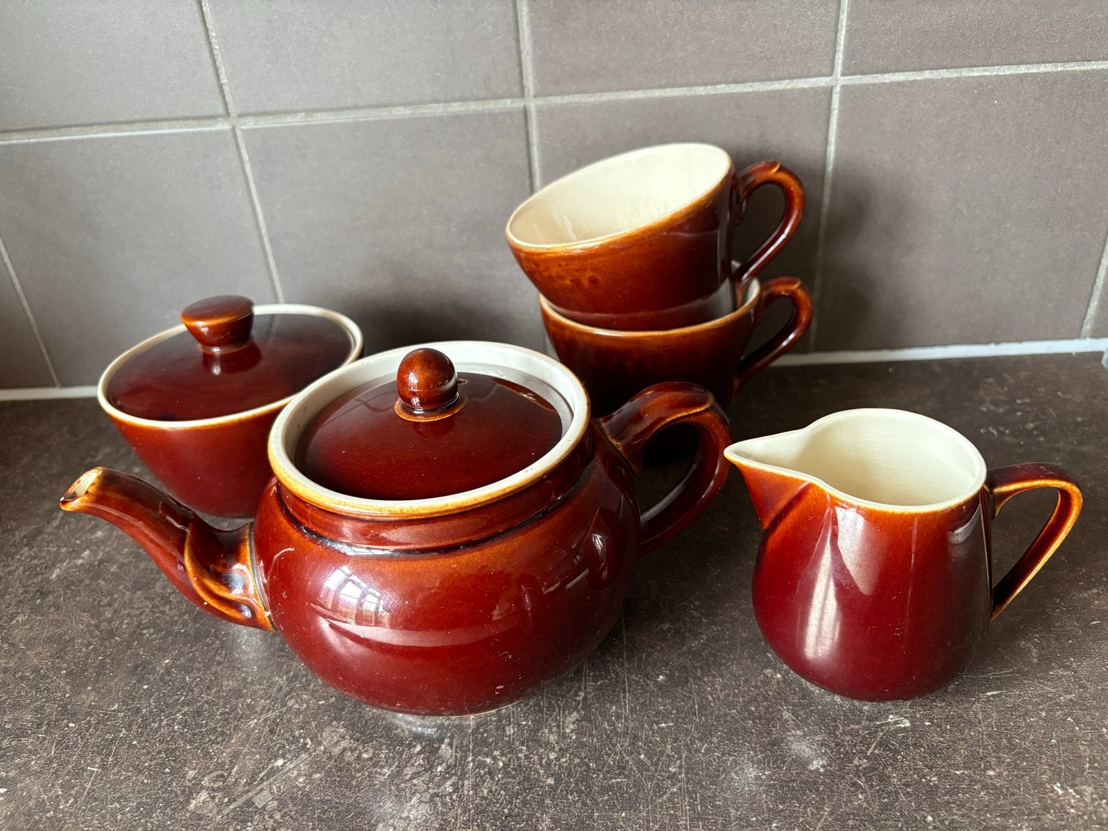 Vintage Villeroy & Boch theeservies bruin aardewerk, Antiek en Kunst, Ophalen of Verzenden