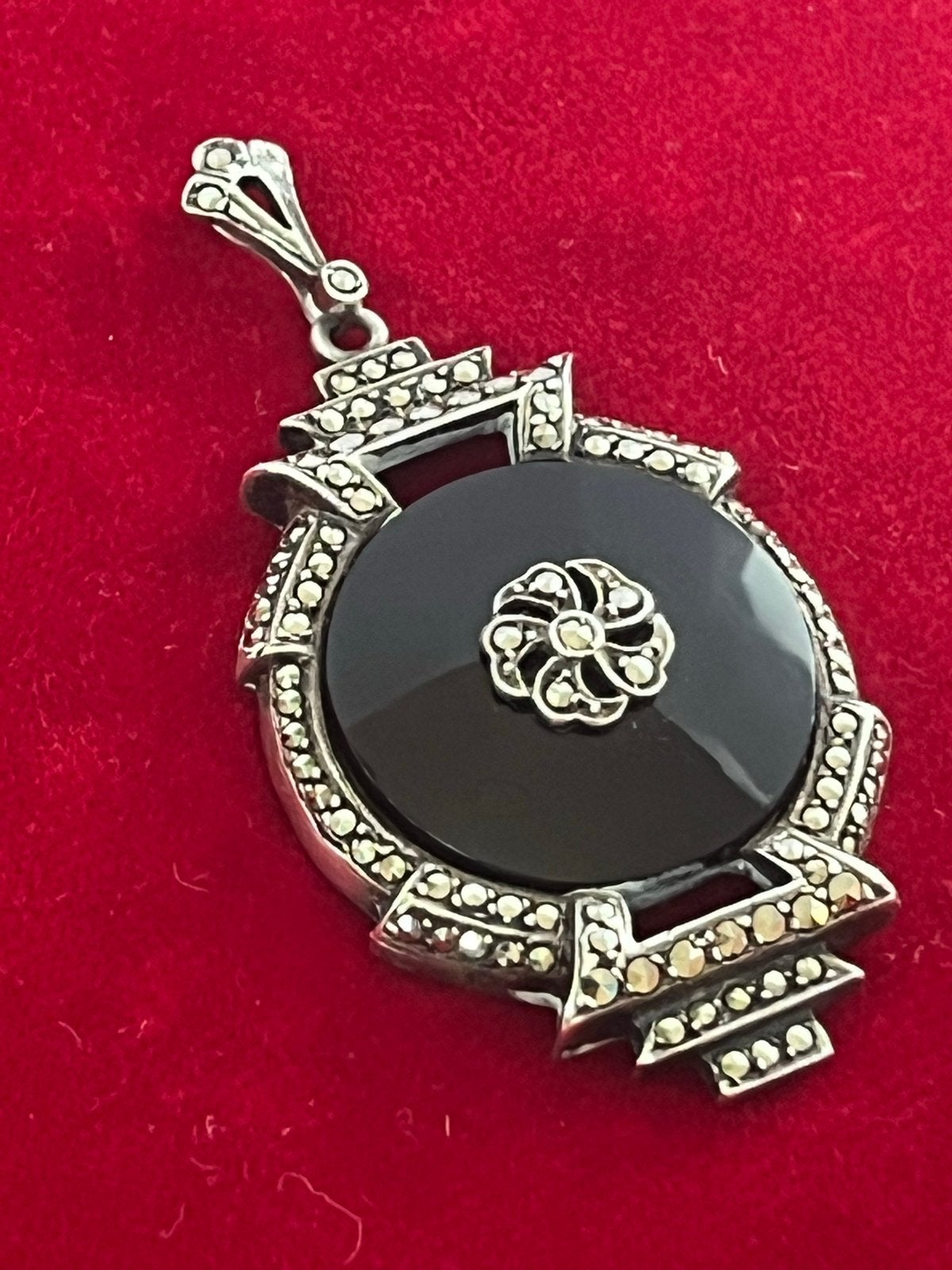 Art Deco Zilveren Hanger met Markasiet en Zwarte Onyx, Verzenden, Zilver, Hanger, Met edelsteen