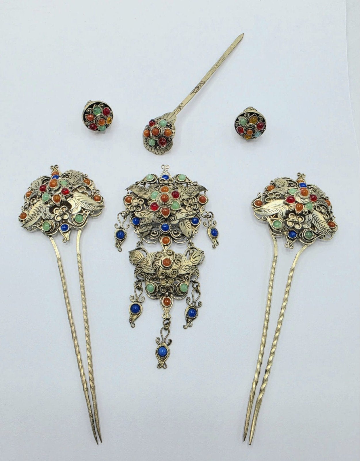 Tusuk Zilveren Bruids Sieraden Set Met Edelstenen, Antiek en Kunst, Verzenden, Zilver
