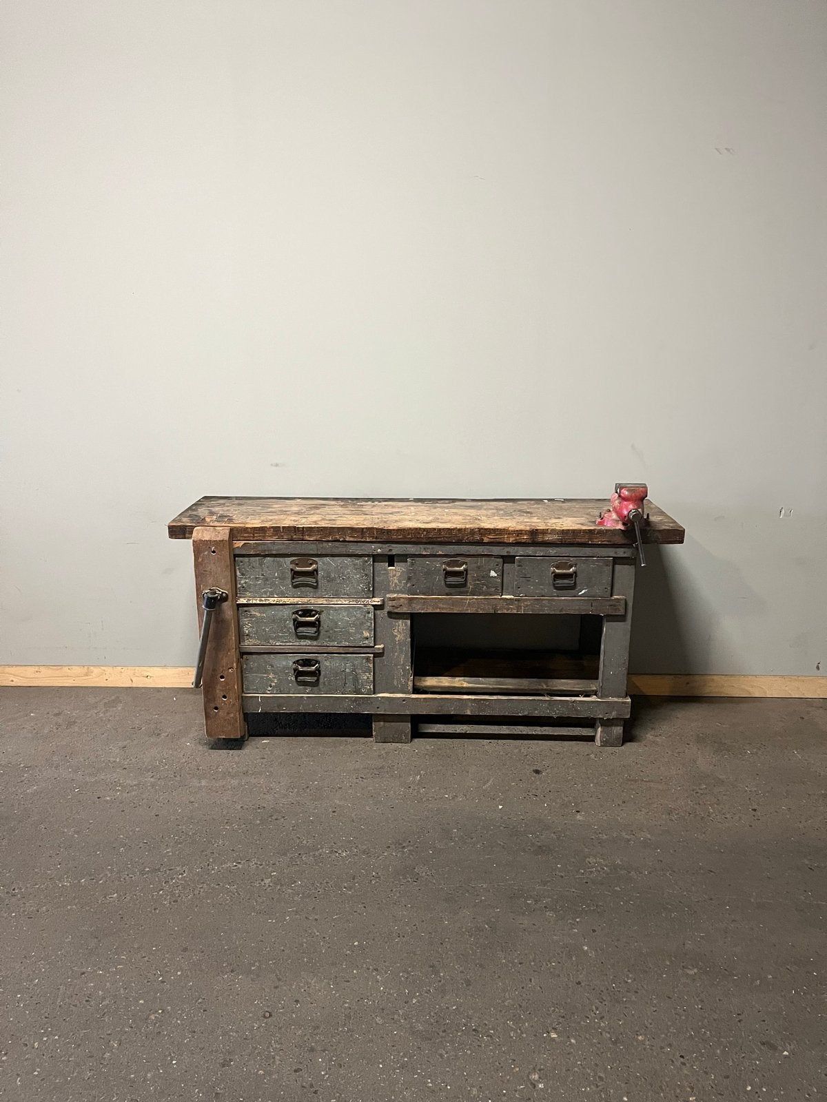 Vintage Industriële oude antieke werkbank kookeiland, Ophalen, Gebruikt, 170 cm of meer, Bankschroef