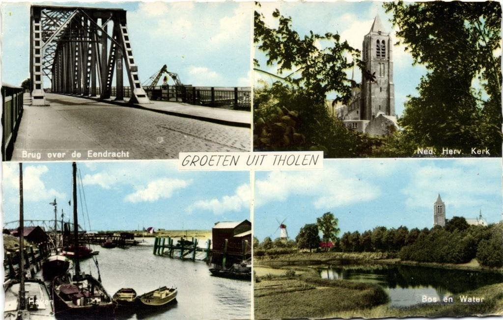 Groeten uit Tholen - 4 afb o.a. brug Eendracht - 1966 gelope, Verzamelen, Ophalen of Verzenden, 1960 tot 1980, Gelopen, Zeeland