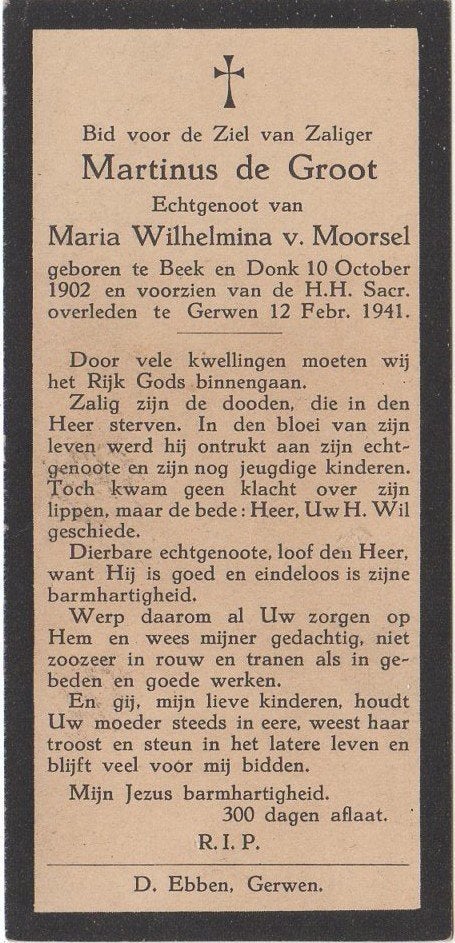 Martinus de Groot 1902 Beek en Donk + 1941 Gerwen, 38 jaar, Ophalen of Verzenden