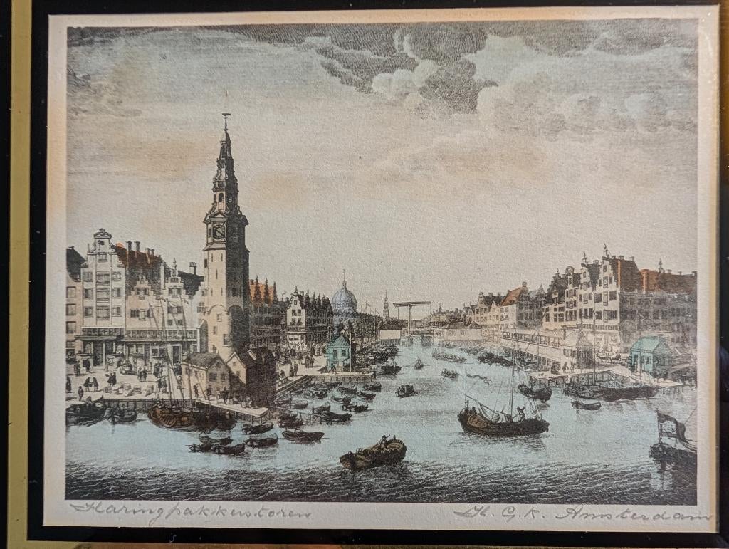 ets Amsterdam Haringpakkerstoren, Antiek en Kunst, Ophalen of Verzenden, Stadsgezicht, Ets, Ingelijst