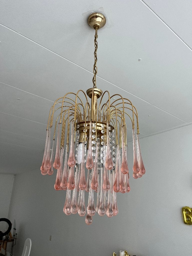 Murano teardrop kroonluchter messing roze lamp, Ophalen, Zo goed als nieuw