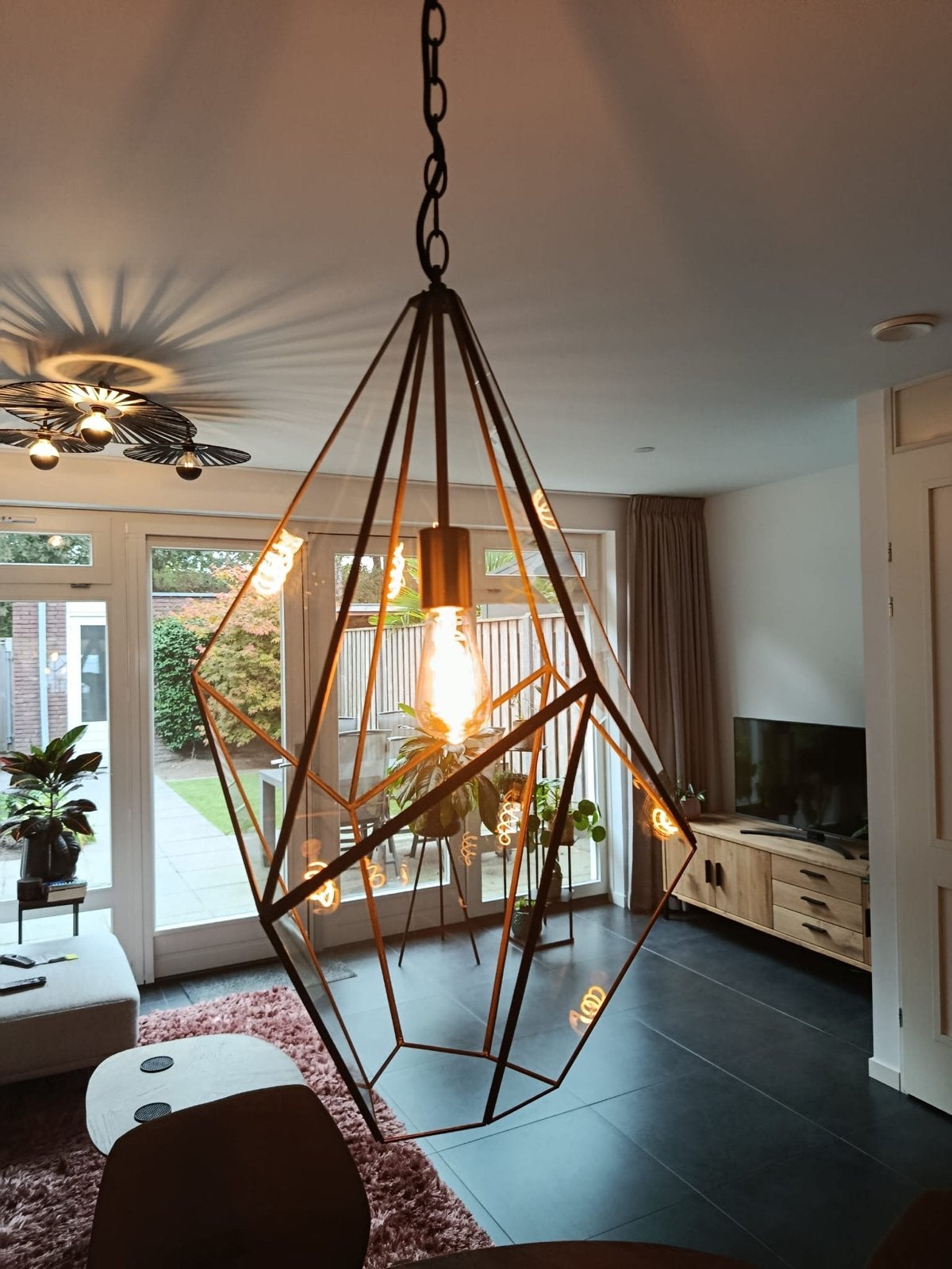 Moderne geometrische hanglamp - Zwart metaal en glas, Ophalen, Zo goed als nieuw, Glas, E27 (groot)