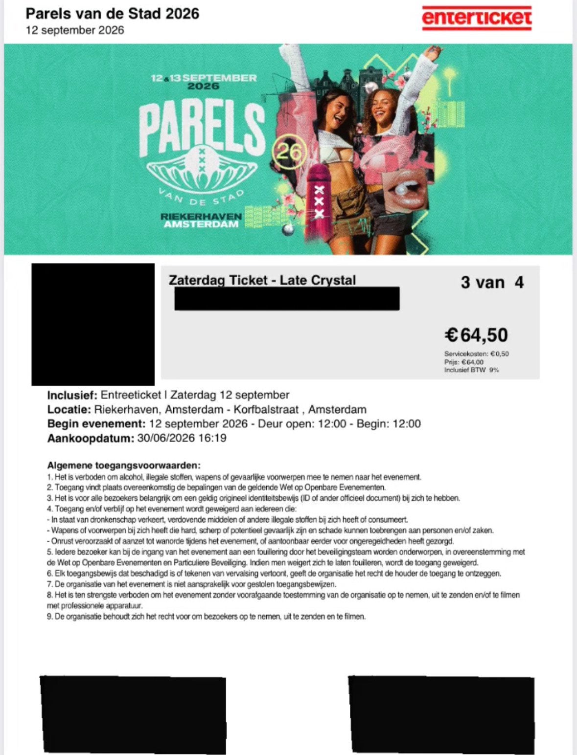 Parels van de stad Zateddag, Drie personen of meer, Ticket of Toegangskaart