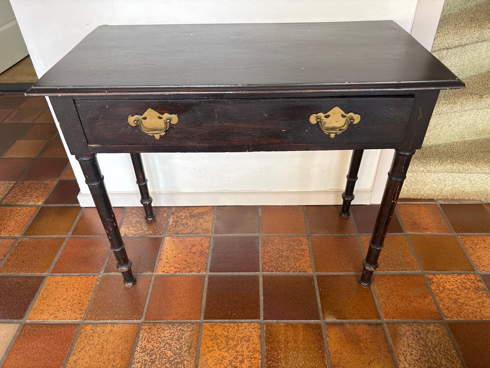 Vintage bijzettafel met lade en bamboe poten, Antiek en Kunst, Ophalen