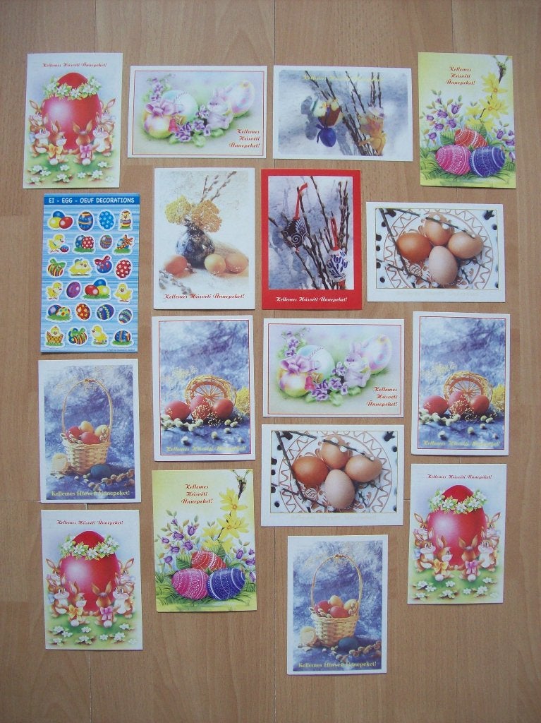 16x Hongaarse paaskaarten NIEUW Hongarije stickervel HÚSVÉT, Diversen, Pasen, Nieuw, Ophalen of Verzenden