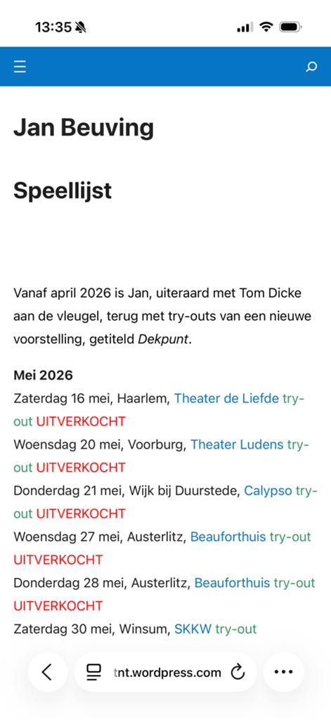 2 kaarten Jan Beuving 16 mei 20.30 uur Haarlem, Tickets en Kaartjes, Theater | Overige, Twee personen, Mei
