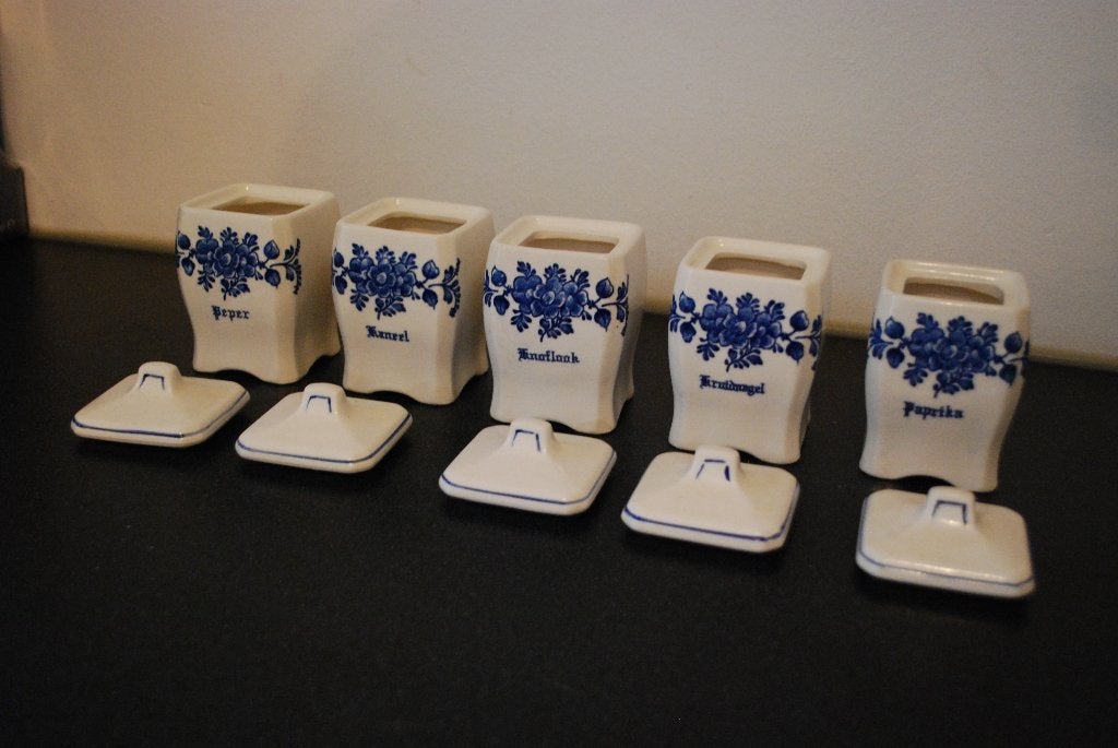 Set van 5 Porseleinen Kruidenpotjes met Delfts Blauw Decor, Antiek en Kunst, Ophalen of Verzenden