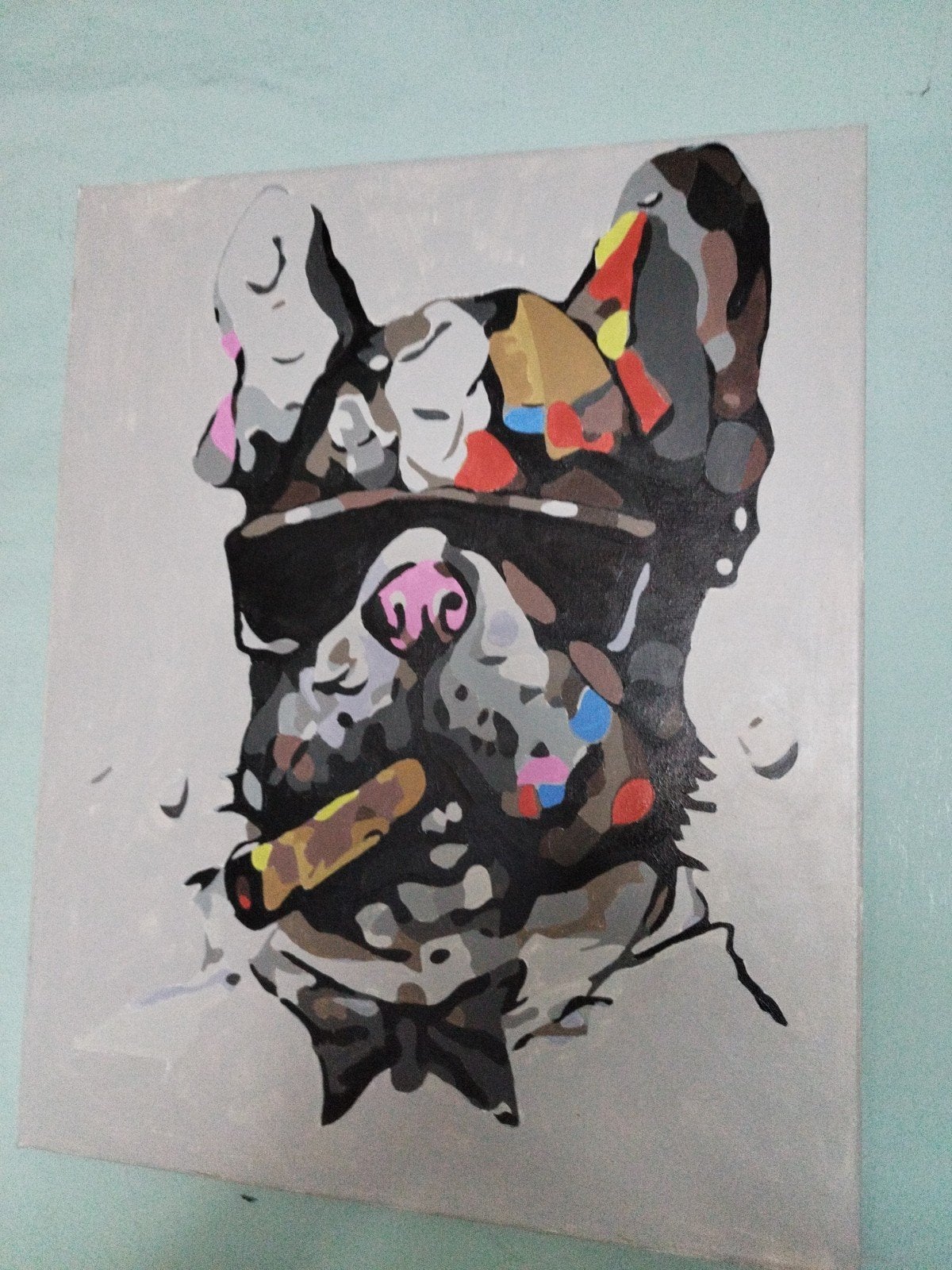 Modern schilderij: Franse Bulldog met sigaar, Antiek en Kunst, Ophalen, Acrylverf, Dieren, Handgeschilderd