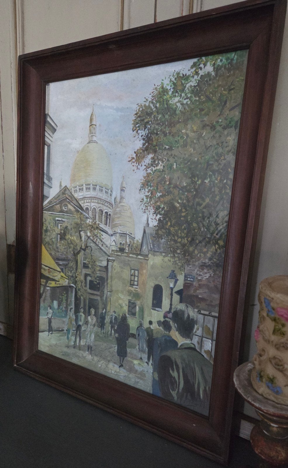Groot gesigneerd pastel schilderij van Parijs ca 1950, Ophalen