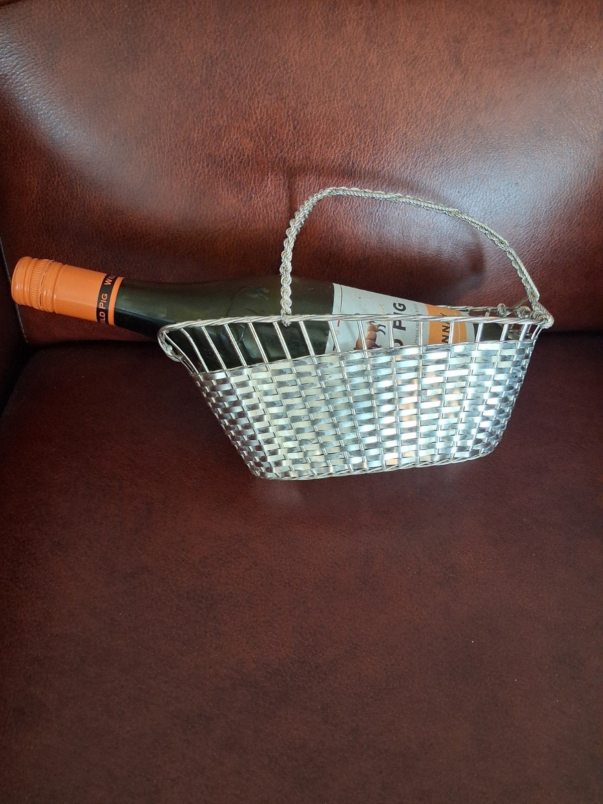 Wijnflesmandje verzilverd., Ophalen of Verzenden, Metaal, Minder dan 50 cm