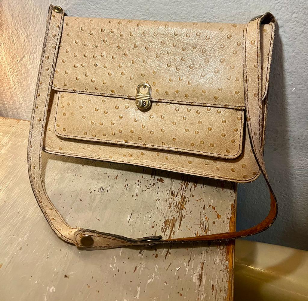 Vintage unieke design struisvogelleer damestas schoudertasje, Ophalen of Verzenden, Zo goed als nieuw, Bruin, Schoudertasje