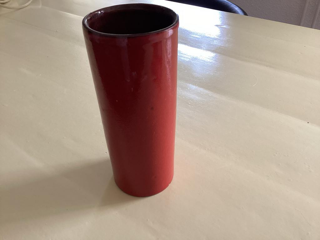 Retro Jaren '70 Cilinder Vaas - Rood Keramiek, 19 cm, Antiek en Kunst, Ophalen of Verzenden