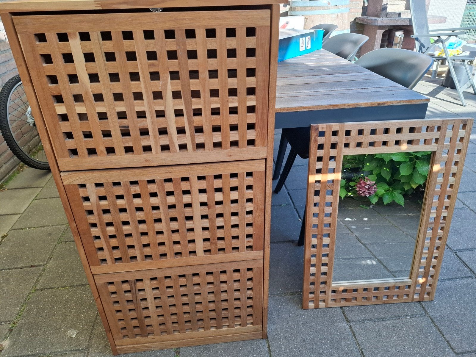Houten schoenenkast met bijpassende  spiegel, Ophalen, Gebruikt