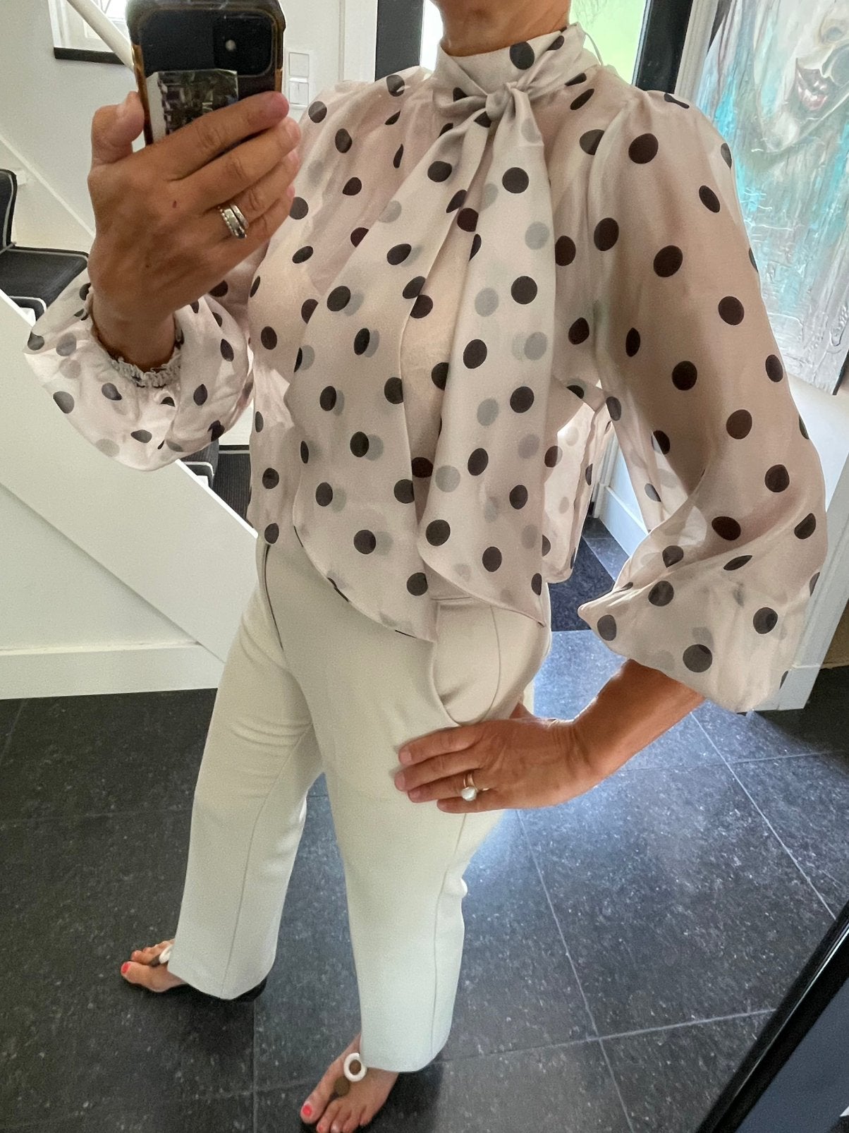 Co’Couture, prachtige polka dot strikblouse, S/M, Ophalen of Verzenden, Nieuw, Maat 36 (S), Beige