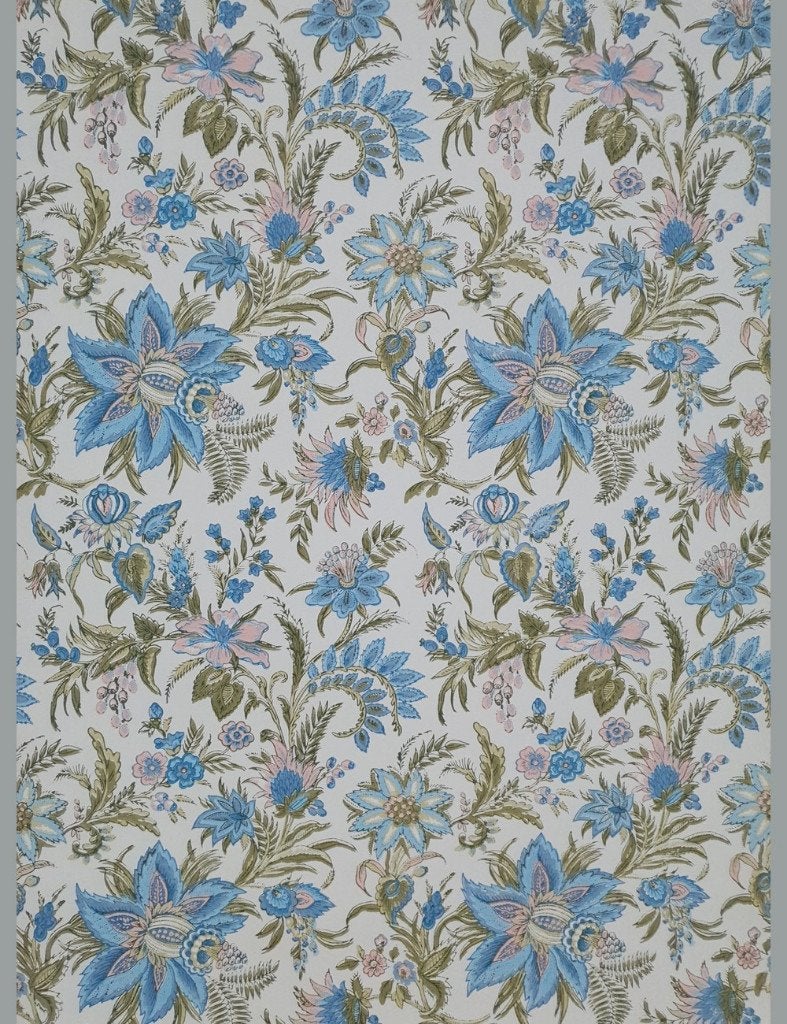4006 vintage Blauw bloemenbehang guirlandes 70s swiet, Huis en Inrichting, Stoffering | Behang, Verzenden, Blauw